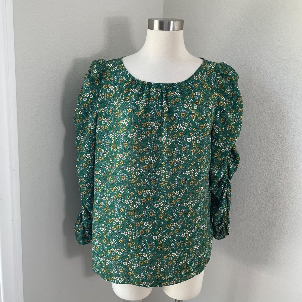 Max Studio Womens Large‎ Floral Puff Ruched Sleeve Top Green Yellow Blouse Shirt